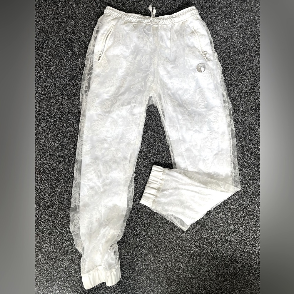 White Sheer embossed lace overlay Pants